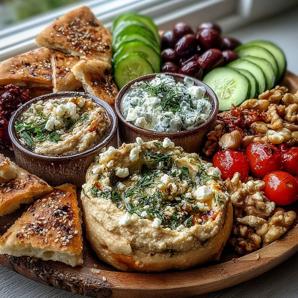 Mediterranean Brunch Board with hummus and baba ganoush surrounded by crisp cucumbers, tomatoes, and feta on a rustic wooden table.