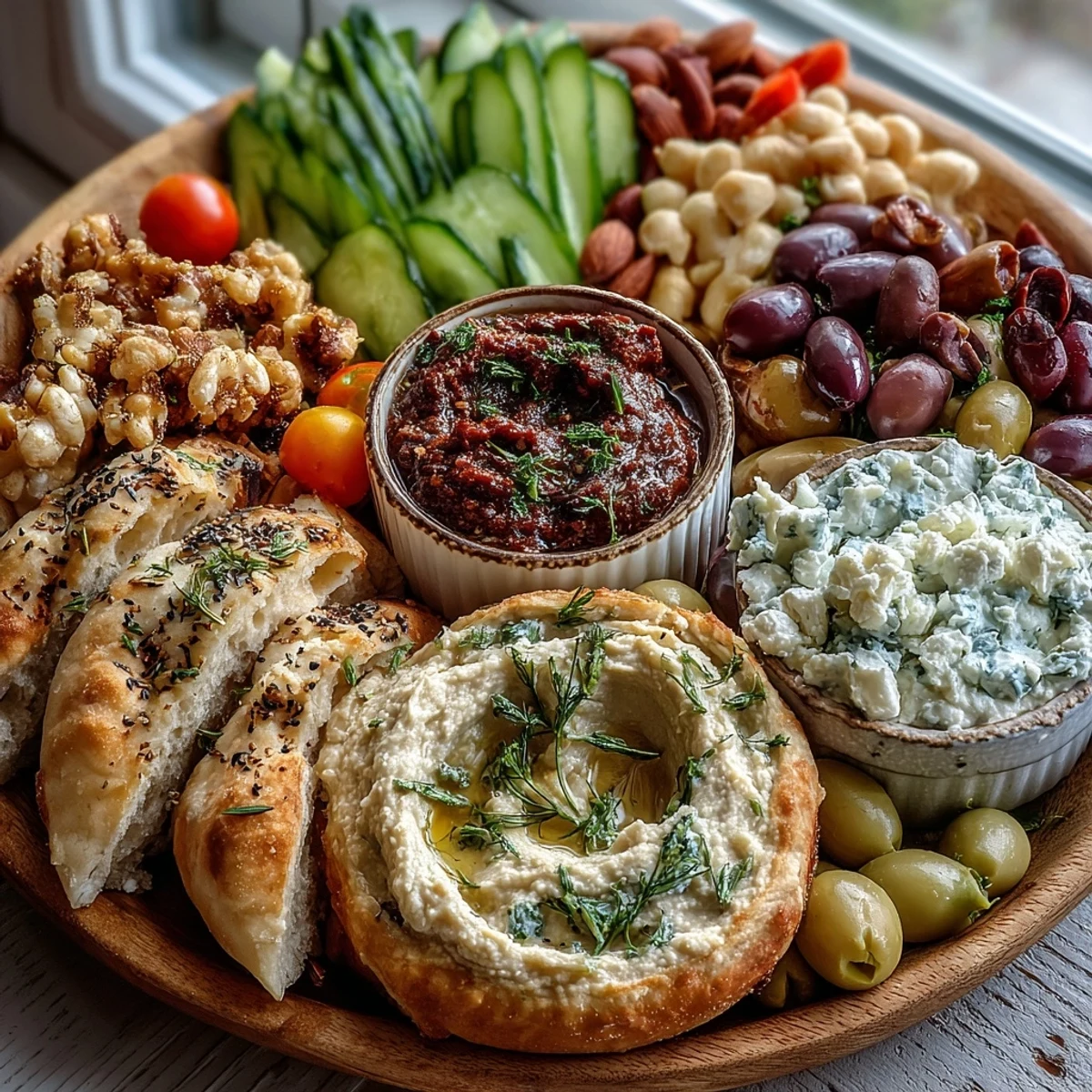 Colorful Mediterranean Brunch Board with Dips and Flatbreads arranged on a platter, garnished with herbs, ready for sharing at brunch.
