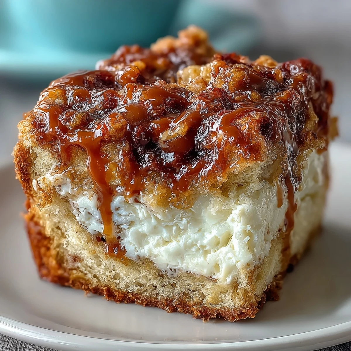 Freshly baked Caramel Cream Cheese Bread loaf on a wooden board, showcasing a moist crumb and swirls of cream cheese filling. 