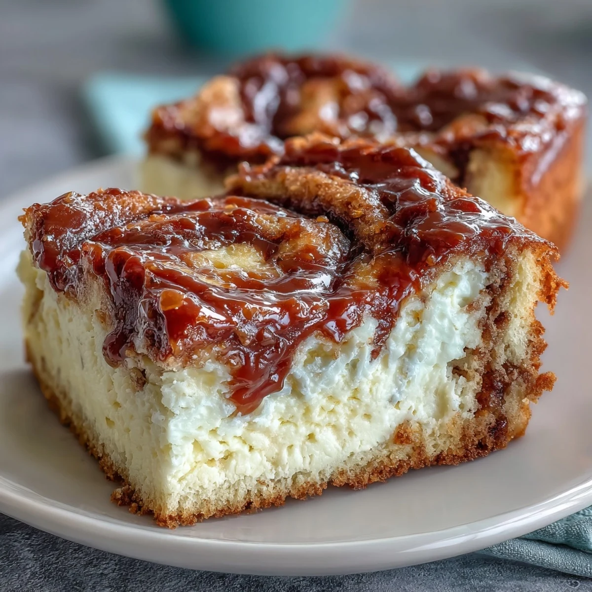Golden brown Caramel Cream Cheese Bread loaf with a caramel drizzle, served on a rustic cutting board.