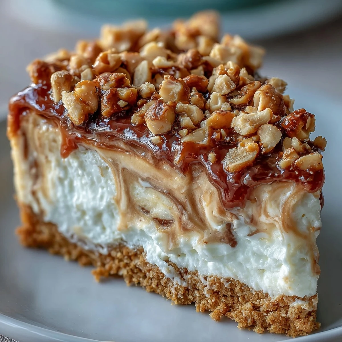 A slice of Nutter Butter cheesecake on a white plate, topped with whipped cream and chopped peanuts for a crunchy finish.