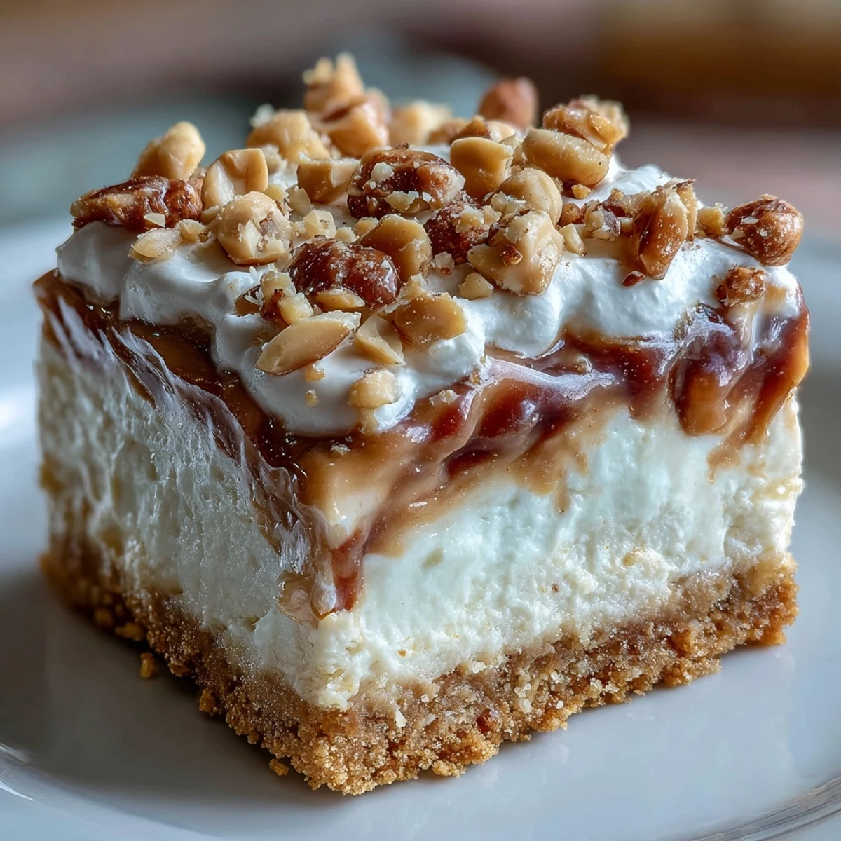 A close-up view of a serving of Nutter Butter cheesecake, revealing a thick peanut butter filling and a crumbly cookie crust.