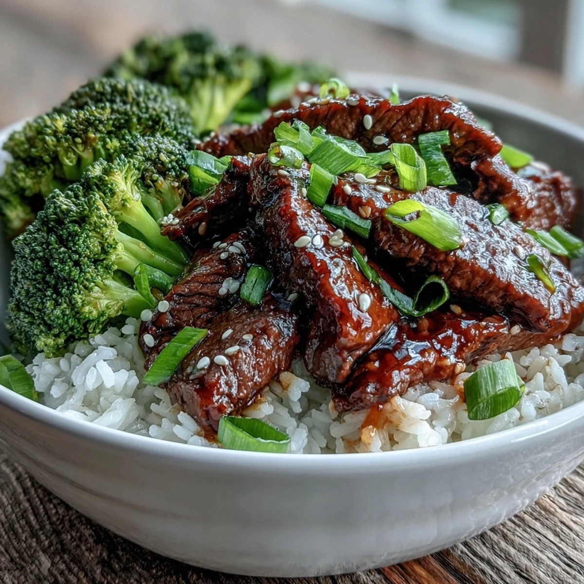 A close-up of the Beef and Broccoli Bowl shows glossy soy-ginger sauce drizzling over crisp, green broccoli florets.  
