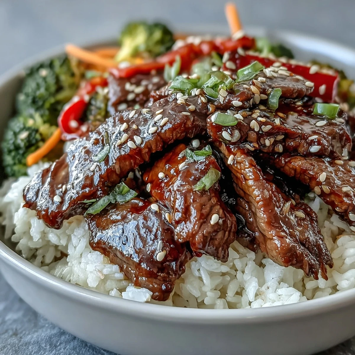 Tender beef strips glisten in teriyaki sauce over fluffy rice and vibrant sautéed veggies for an easy homemade bowl.  