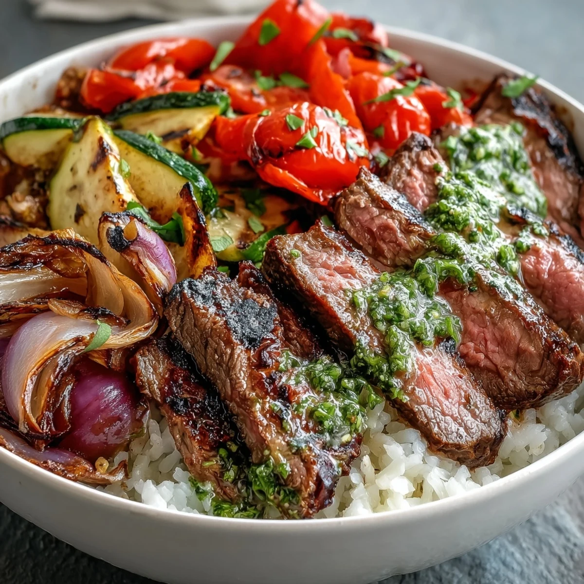 A close-up of a vibrant Grilled Steak Bowl, with juicy steak slices, fluffy rice, and colorful roasted vegetables glistening with chimichurri sauce.
