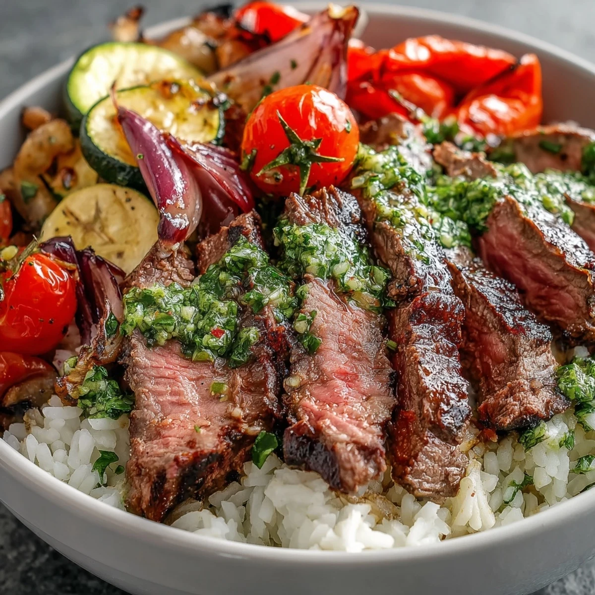 Top-down view of a Grilled Steak Bowl, featuring tender grilled steak, steaming rice, and caramelized veggies, all drizzled with fresh chimichurri.