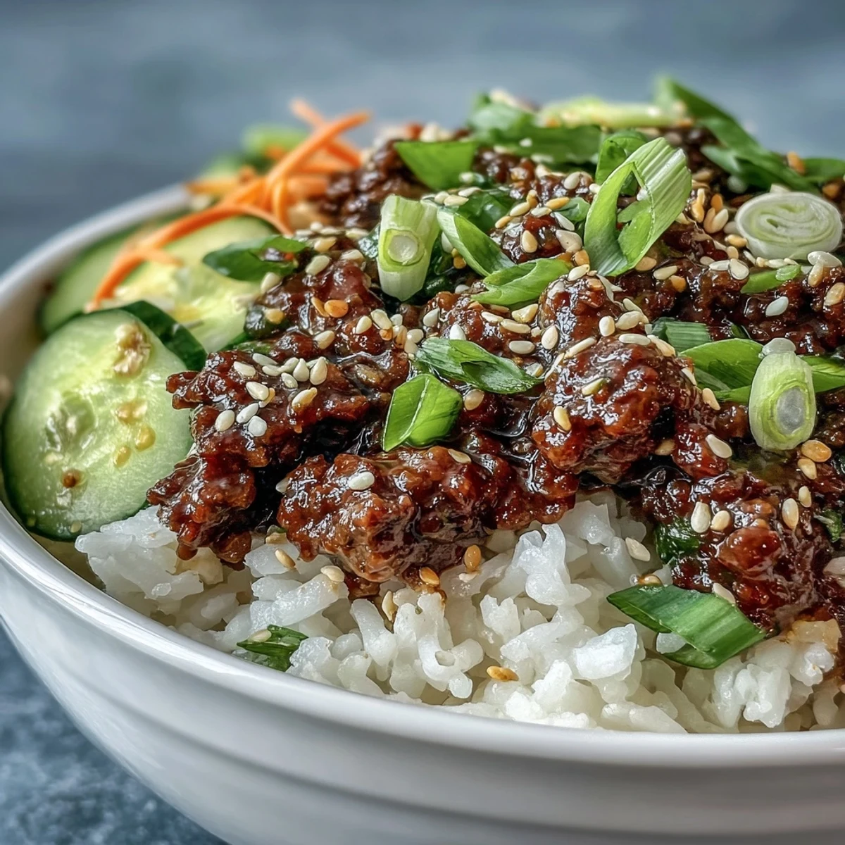 Sizzling Korean Ground Beef Bowl with seasoned meat over fluffy jasmine rice, topped with crisp pickled carrots, cucumbers, and radish for a savory, tangy bite.  