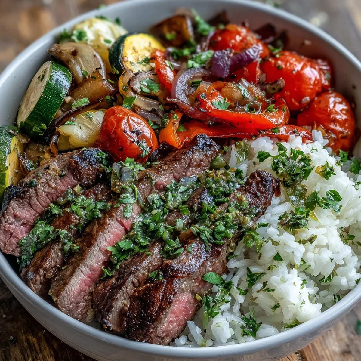A close-up of a sheet pan steak and veggie bowl with juicy sliced steak, roasted bell peppers, and fluffy rice, garnished with fresh parsley and lemon wedges.