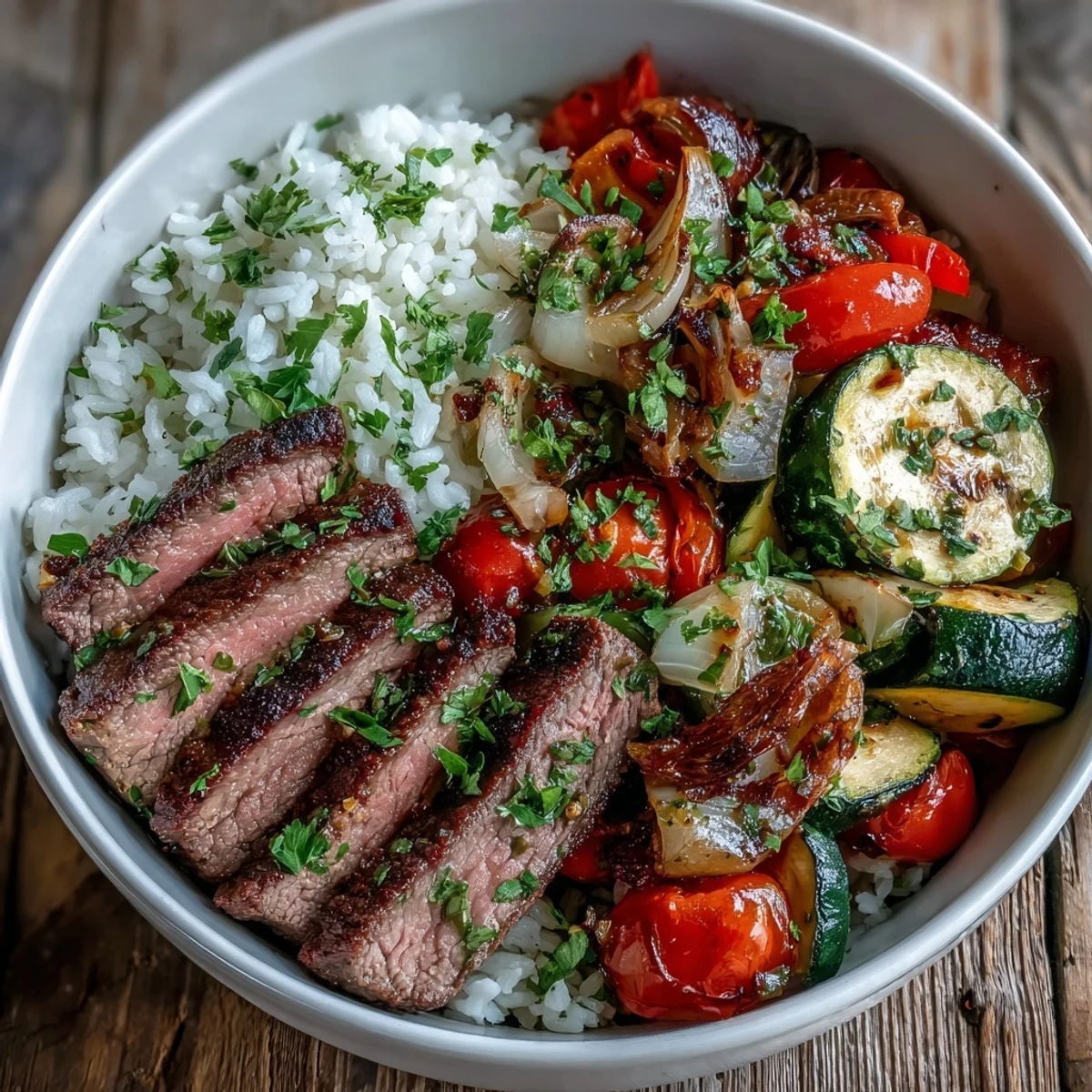 Freshly cooked sheet pan steak and veggie bowl featuring aromatic herbs, vibrant bell peppers, and a drizzle of soy sauce for a savory finish.