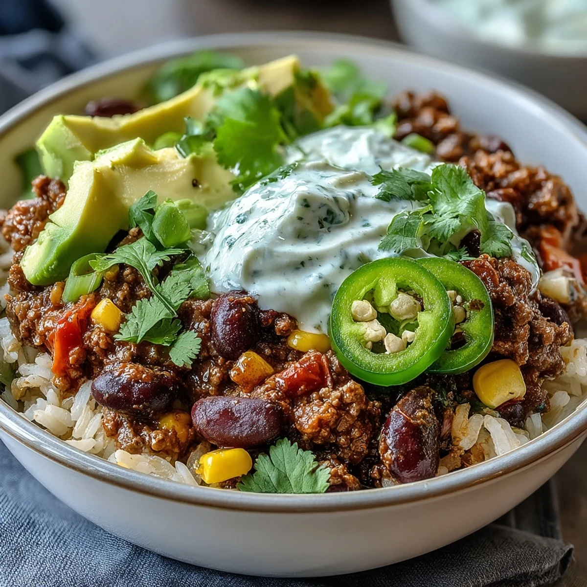 A steaming bowl of hearty chili bowl base piled high over fluffy rice and topped with creamy avocado and fresh cilantro.