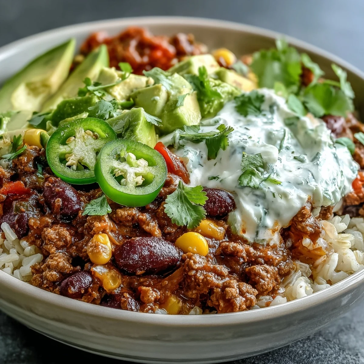 Savory chili bowl base served over brown rice with melted cheddar cheese, sour cream, and jalapeños for a perfect weeknight meal.