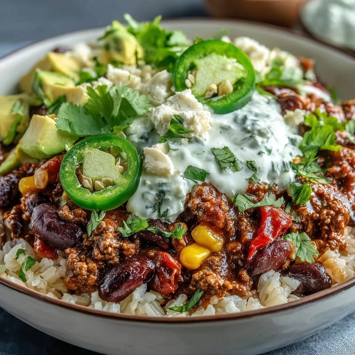 A comforting chili bowl base ladled over quinoa, garnished with lime wedges and chopped green onions for a flavorful finish.
