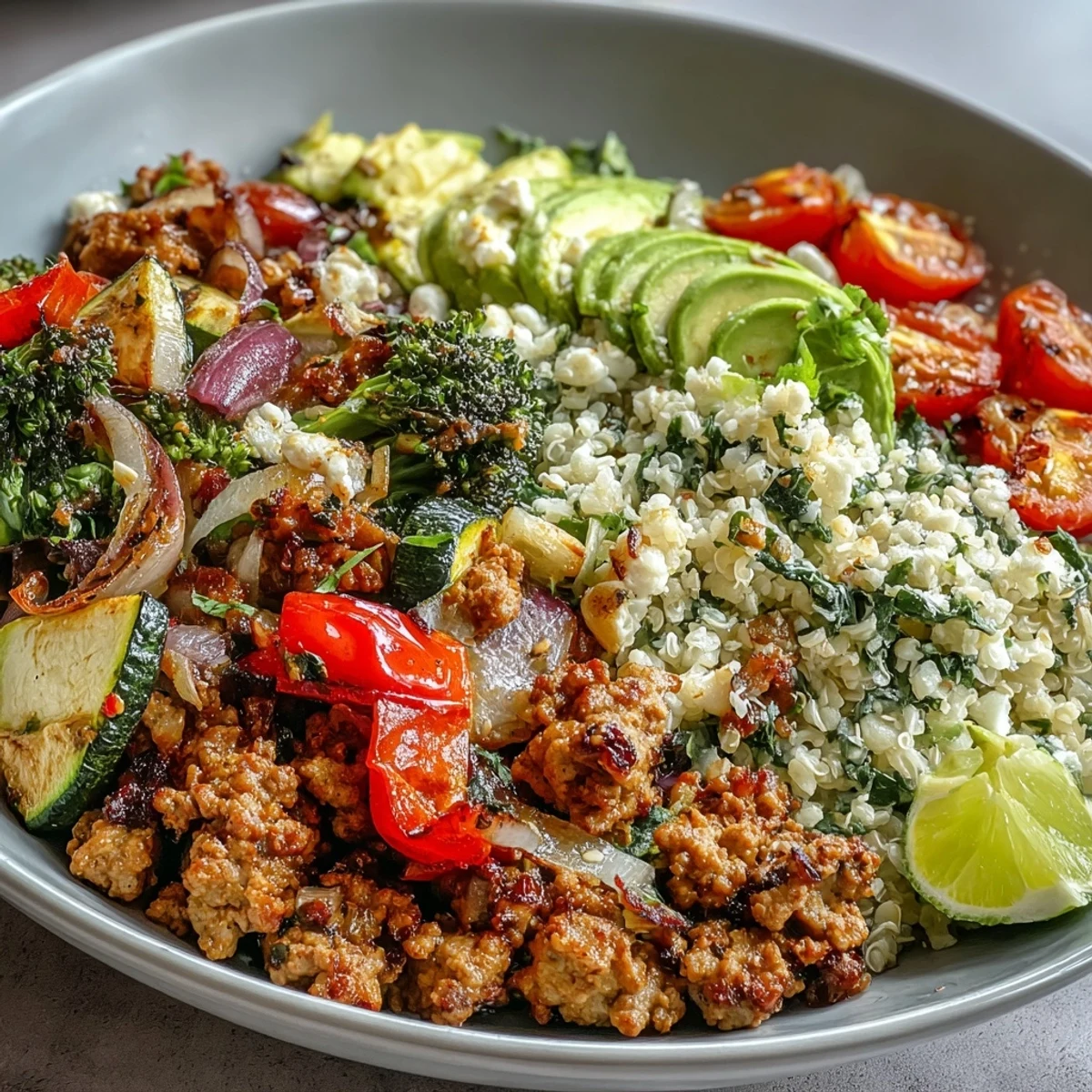 A hearty, protein-packed Ground Turkey Bowl features juicy turkey, caramelized roasted vegetables, and whole grains, garnished with lime wedges and fresh herbs for a bright finish.  