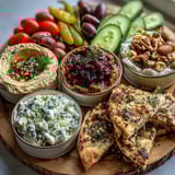 A close-up of Mediterranean Brunch Board with Dips and Flatbreads, featuring creamy tzatziki, marinated olives, and toasted nuts for brunch.