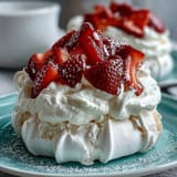Delicate mini pavlovas with crisp meringue shells, billowy whipped cream, and fresh strawberries, perfect for spring celebrations.