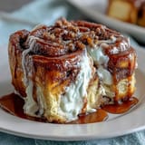 Cinnamon Roll Pancake Casserole with Cream Cheese Glaze: A golden baked casserole featuring fluffy pancake batter swirled with cinnamon sugar, topped with a rich cream cheese glaze for a sweet breakfast treat.