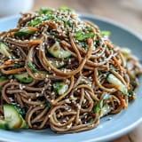 A vibrant, refreshing salad of cold soba noodles, crunchy vegetables, and toasted sesame seeds, served with zesty ginger-soy dressing.  