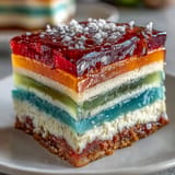Showcasing colorful, jiggly agar-agar rainbow jelly cake layered with sweet coconut cream.