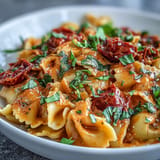 One-pot creamy tomato basil pasta ready to be spooned into bowls.
