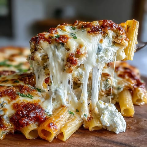 Golden bubbly Freezer Make-Ahead Baked Ziti fresh from the oven, featuring layers of ziti pasta, rich red tomato sauce, creamy ricotta, and melted mozzarella cheese on top.