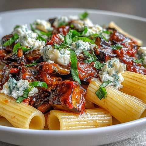Close-up of Pasta alla Norma in a white bowl, showcasing roasted eggplant cubes and a rich red tomato sauce, garnished with crumbled ricotta salata and fresh basil leaves.
