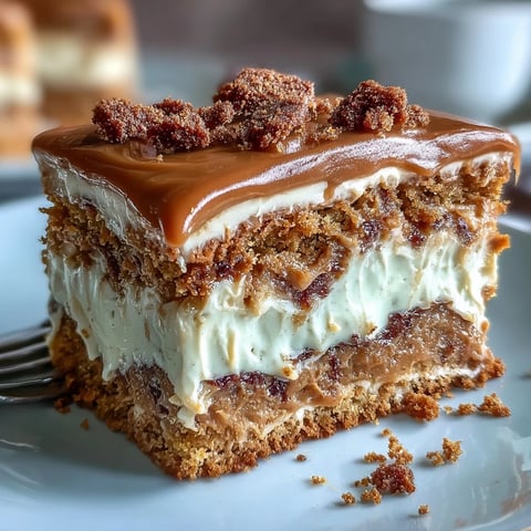 Freshly frosted Decadent Baked Biscoff Cake with Creamy Lotus Frosting is topped with crumbled spiced cookies and a sweet caramel drizzle.