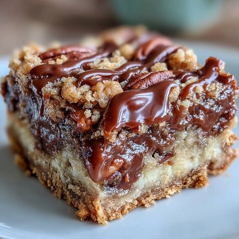 Golden-brown Decadent Sweet and Chewy Turtle Bars with gooey caramel and melted chocolate.