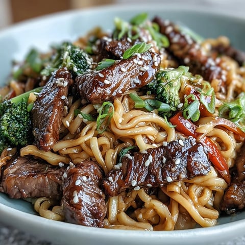 Steaming Korean Beef Noodles with tender flank steak and crisp broccoli in a glossy sauce.