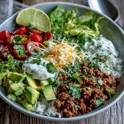 Warm seasoned ground turkey with crisp lettuce, diced avocado, and cherry tomatoes atop fluffy rice in a vibrant Turkey Taco Bowl.
