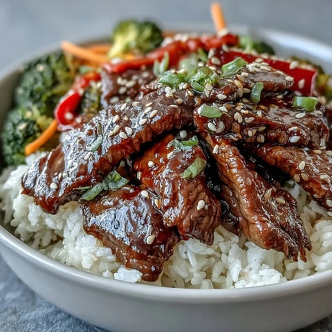 Tender beef strips glisten in teriyaki sauce over fluffy rice and vibrant sautéed veggies for an easy homemade bowl.  