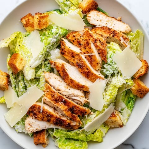 A vibrant Chicken Caesar Salad: Grilled chicken atop of the fresh lettuce and creamy dressing.