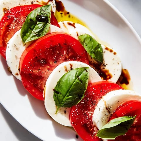 This Caprese Salad is beautifully plated, drizzled with olive oil, ready for a delicious bite.