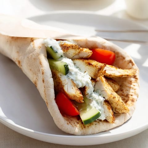 Overhead view of a Greek Chicken Wrap, sliced to reveal layers of tender chicken, vegetables, and creamy sauce.