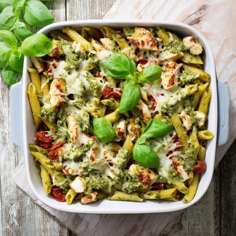 Savory Italian-American Pesto Chicken Pasta Bake in a ceramic dish, garnished with fresh basil leaves, served with a side salad and Pinot Grigio for a comforting family dinner.
