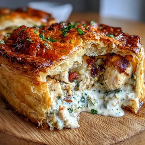 A rustic slice of chicken and leek pie reveals tender meat and smoky bacon in a rich sauce.