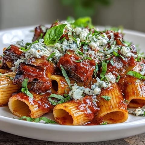 A steaming serving of Pasta alla Norma, featuring al dente rigatoni tossed with tender roasted eggplant and a vibrant, herb-infused tomato sauce, ready to enjoy.