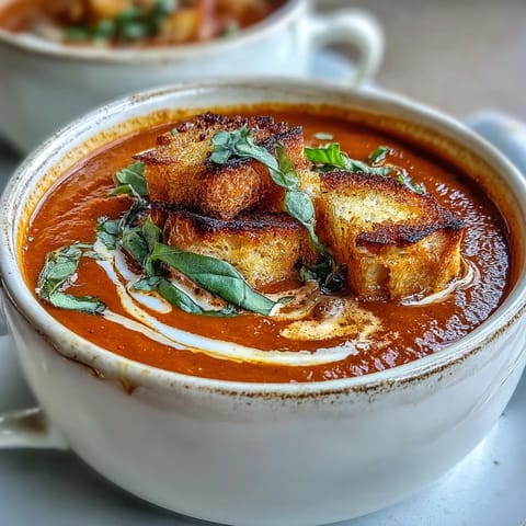 Creamy Roasted Tomato Soup with a swirl of cream and golden croutons on a rustic table.