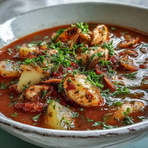 Close-up of Manhattan clam chowder showing tender clams and diced vegetables in a rich tomato broth.