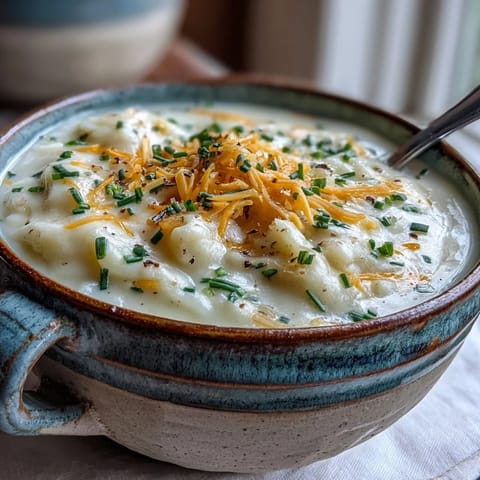 A close-up of creamy potato soup in a rustic bowl, topped with fresh chives and crumbled bacon for a hearty winter meal.  