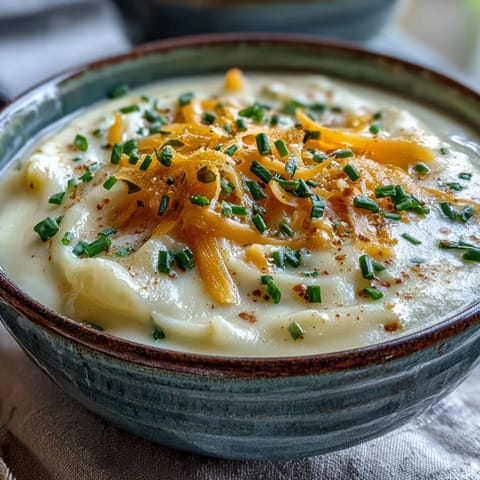 Velvety cream of potato soup garnished with sharp cheddar cheese and black pepper, steaming gently in a cozy kitchen setting.  