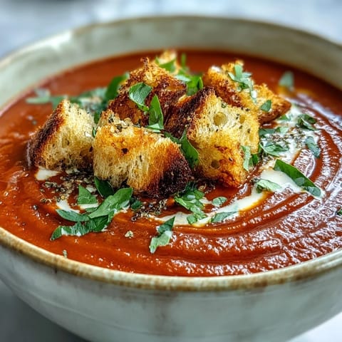A spoon dipping into velvety roasted red pepper soup beside golden, crunchy croutons.  