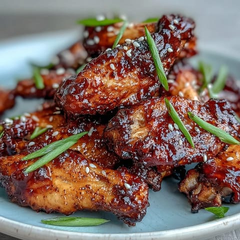 Coca Cola Chicken Wings coated in savory-sweet sauce with scallions and sesame seeds garnish.