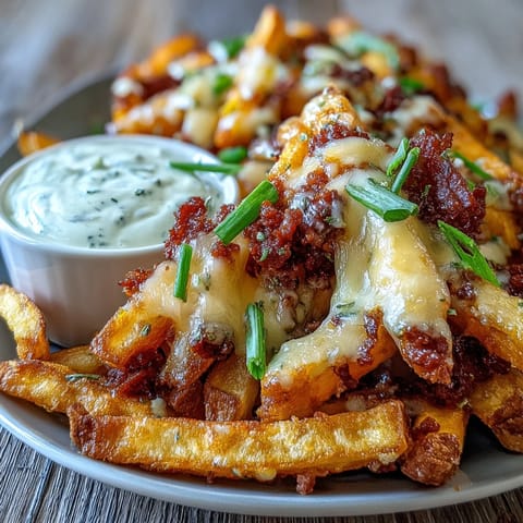 Homemade creamy ranch dip in a small bowl, made with sour cream and mayonnaise, served alongside cheesy BBQ fries.