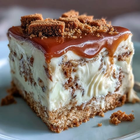 A slice of Decadent Baked Biscoff Cake with Creamy Lotus Frosting reveals a tender vanilla sponge swirled with crunchy Biscoff biscuit pieces.