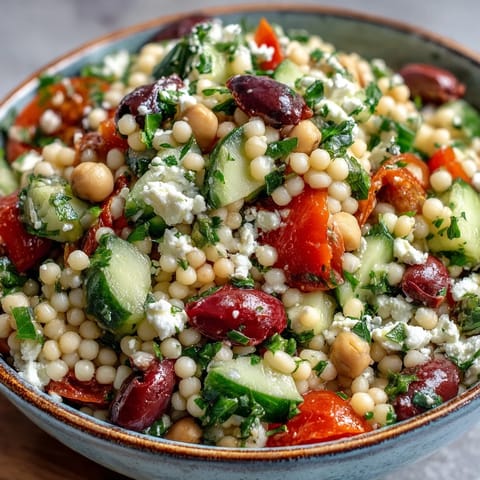 Close-up of Mediterranean Pearl Couscous tossed with bright veggies and olives.