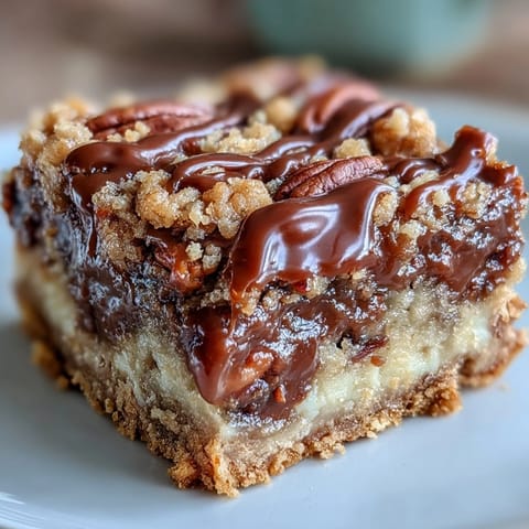 Golden-brown Decadent Sweet and Chewy Turtle Bars with gooey caramel and melted chocolate.