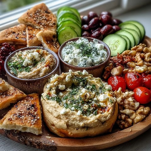 Mediterranean Brunch Board with hummus and baba ganoush surrounded by crisp cucumbers, tomatoes, and feta on a rustic wooden table.