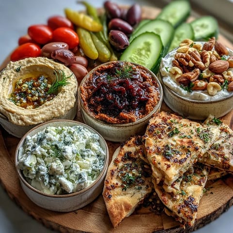 A close-up of Mediterranean Brunch Board with Dips and Flatbreads, featuring creamy tzatziki, marinated olives, and toasted nuts for brunch.