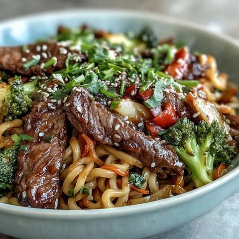 Silky rice noodles tangled with colorful vegetables and sesame seeds in a sizzling skillet.