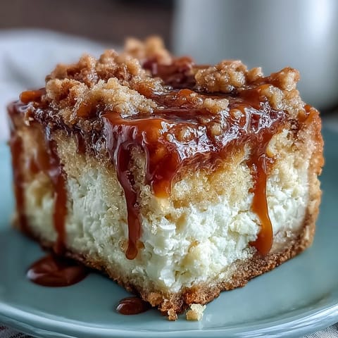 Perfectly sliced piece of Caramel Cream Cheese Bread revealing a rich cheesecake-like center and sweet caramel ribbon. 